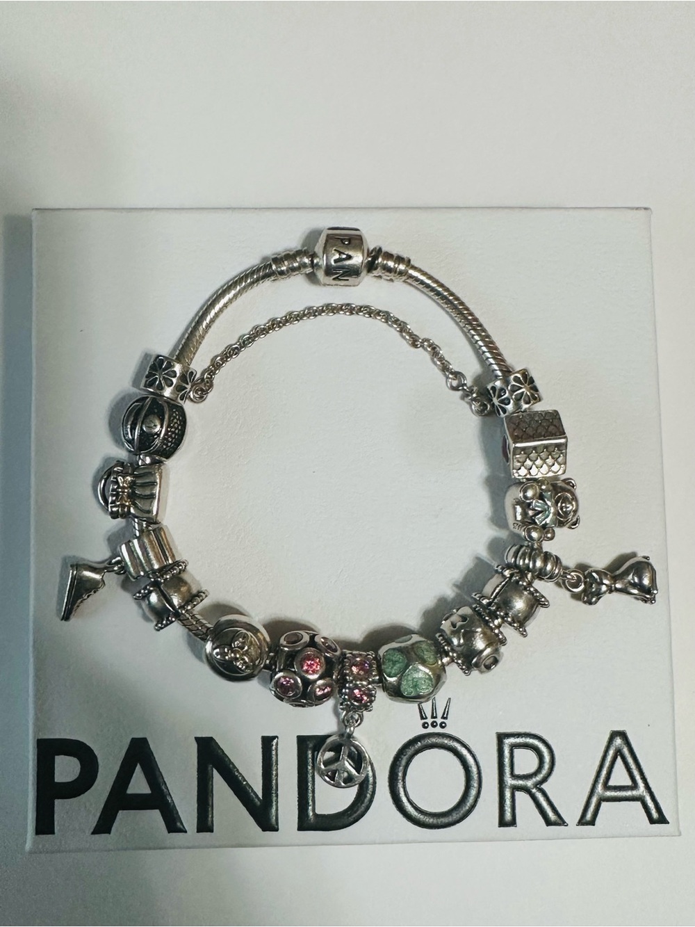 Pandora Silver Charm Bracelet with Pink and Blue Accents